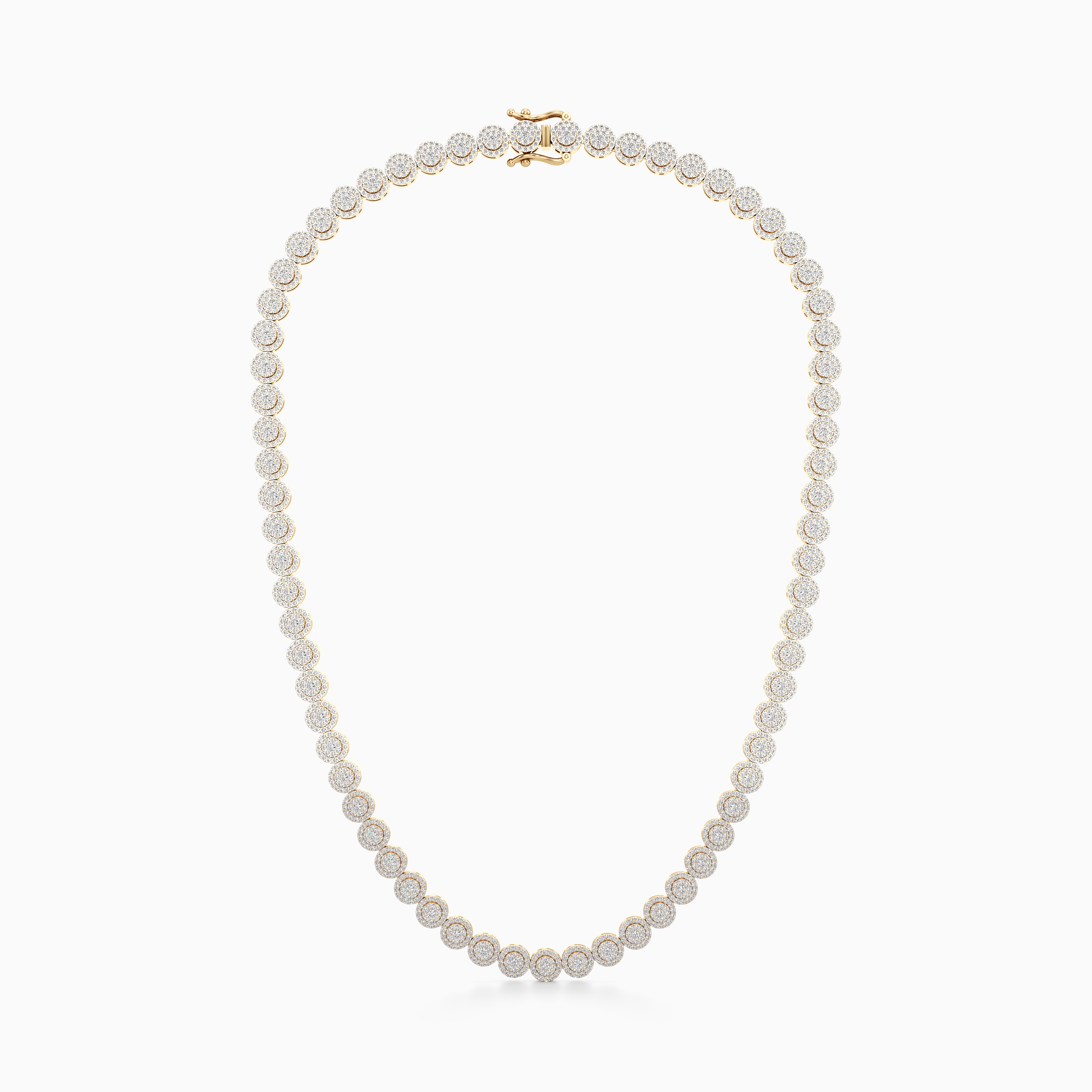 Gold Diamond Studded Round Tennis Halo Link Necklace Chain With GB Box Lock