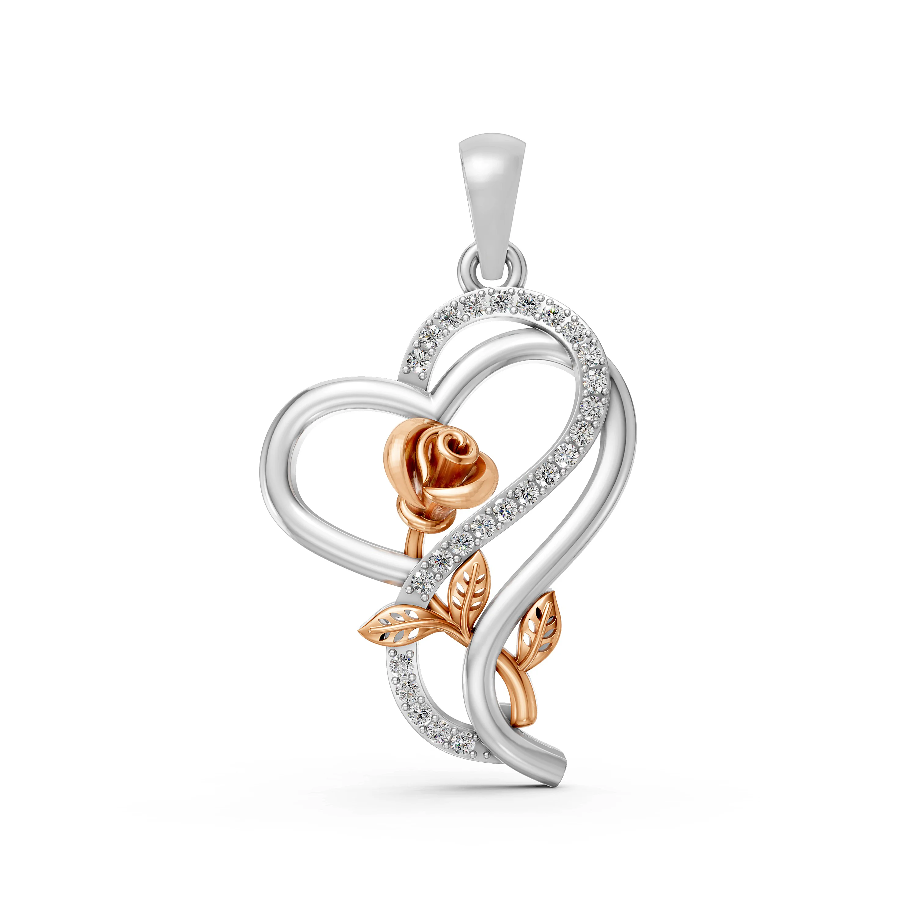 Two-Tone Gold Diamond Heart Pendant with Rose Flower Design