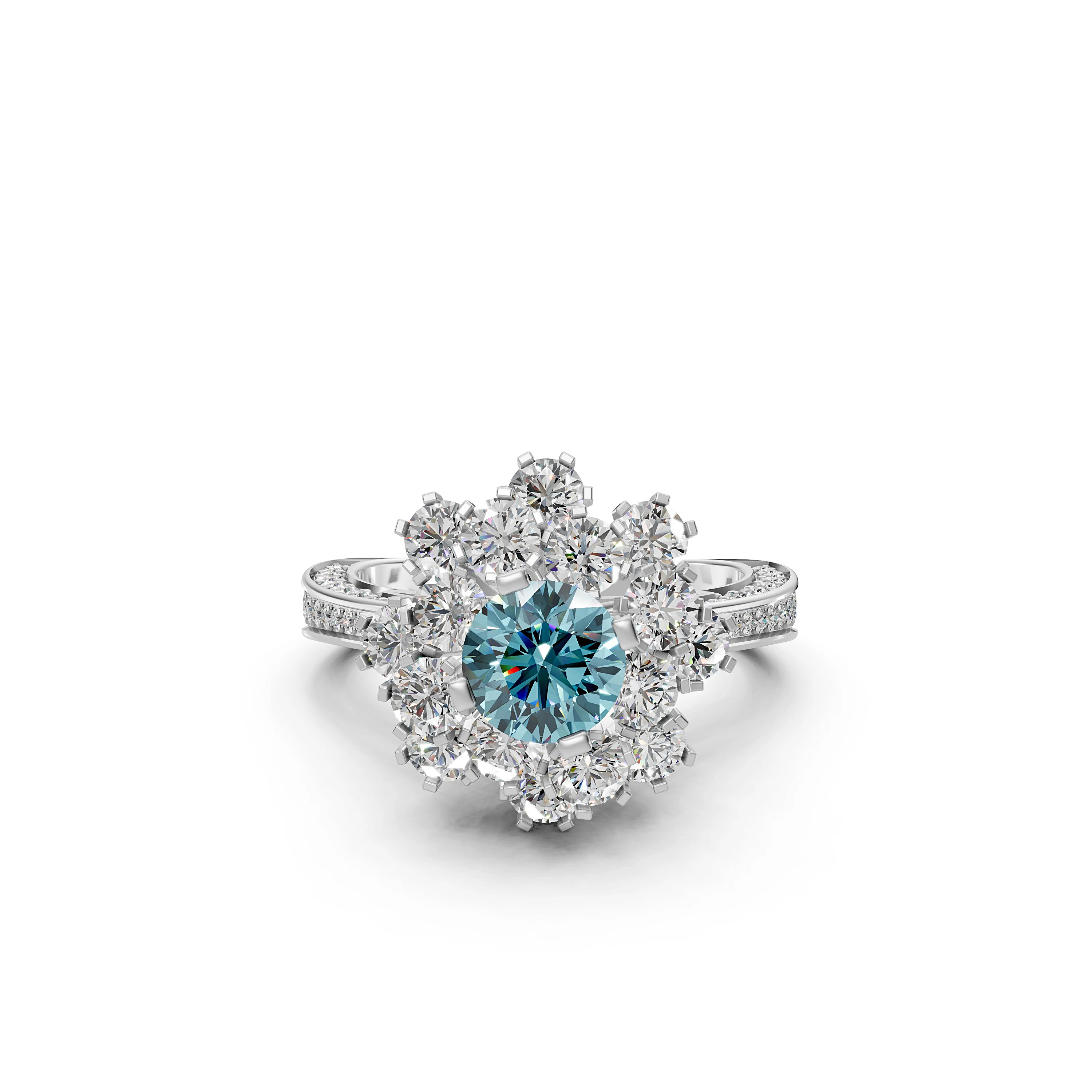 Solid Gold Flower Ring with Blue Gem stone surrounded with Sparkling Diamonds