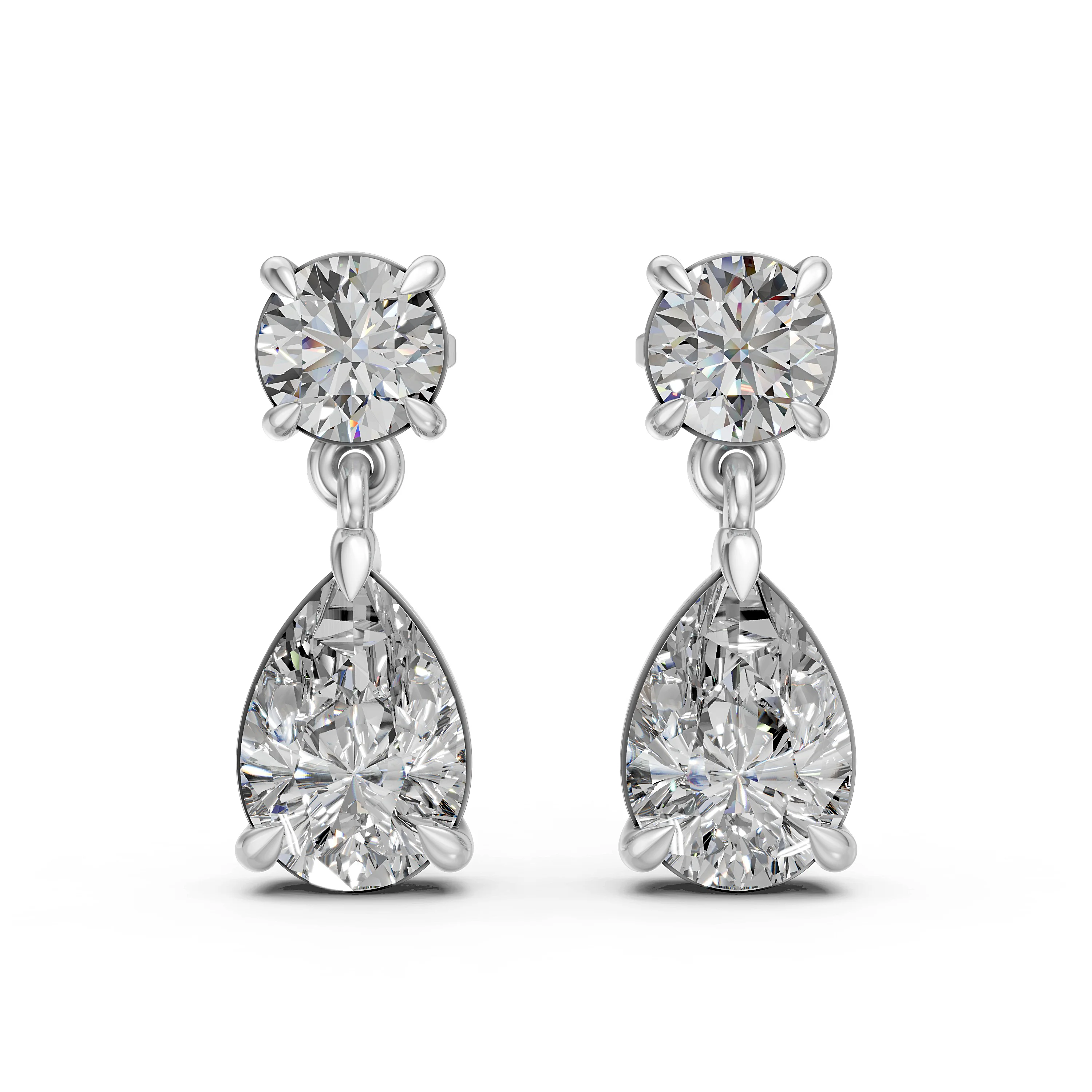 Solid Gold Pear and Round Diamonds Drop and Dangle Earrings