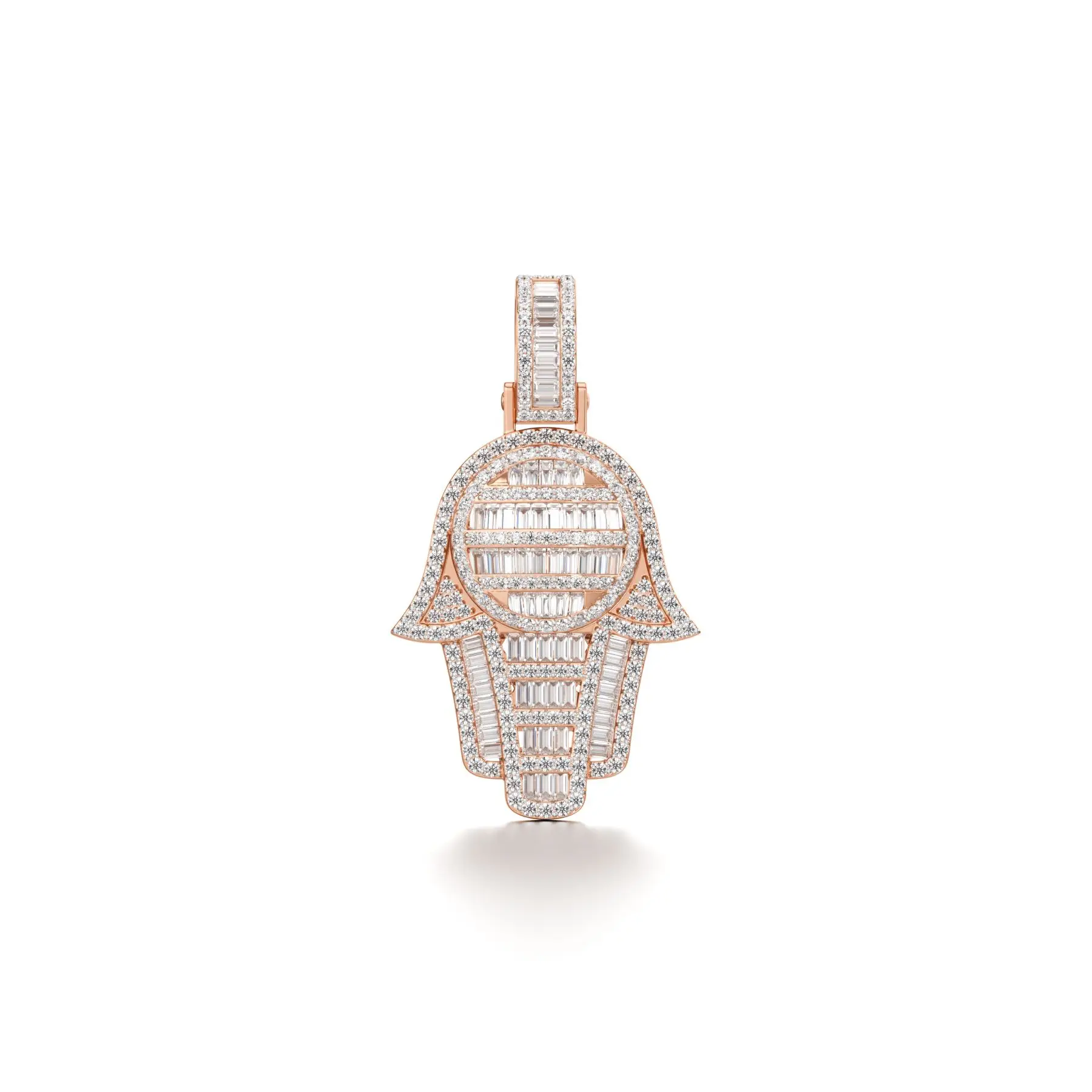 Baguette Hamsa Diamond Pendant in Rose 10k Gold