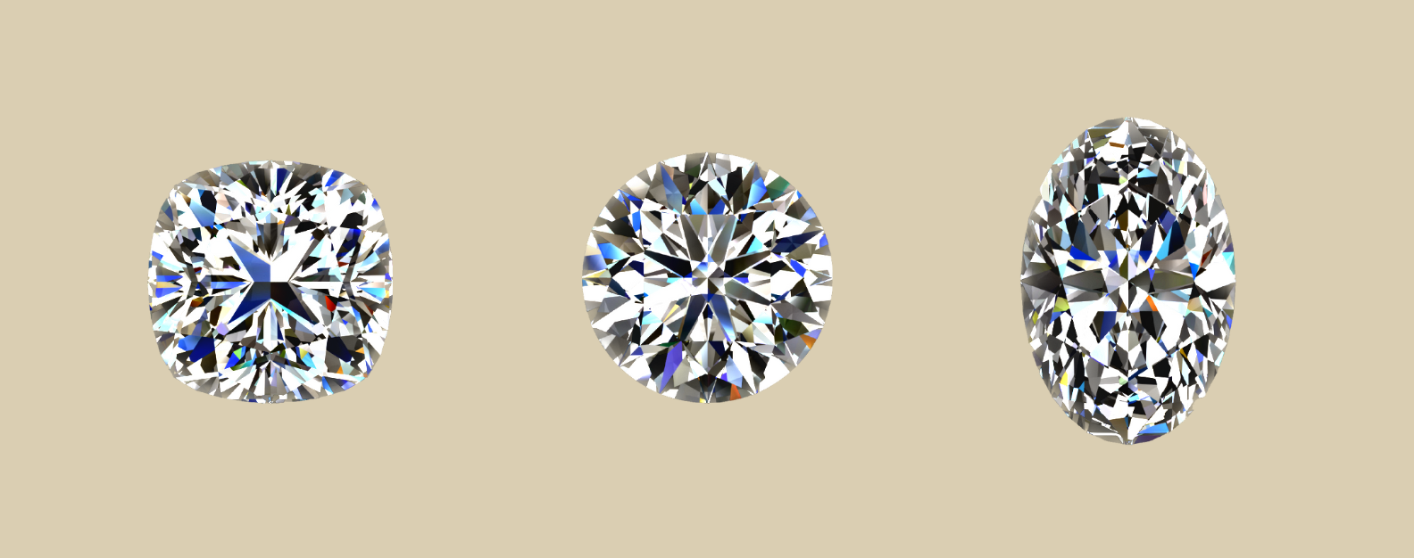 3 Types of diamond cuts, round, cushion, and oval.